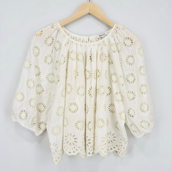 NWT Madewell Embroidered Shirred Puff-Sleeve Top In Floral Eyelet Ivory Medium - Picture 3 of 9